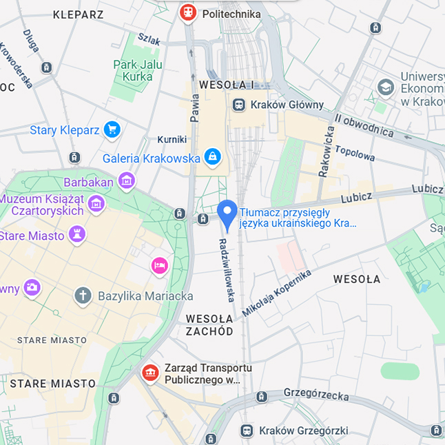 Mapa przedstawiająca lokalizację biura tłumacza przysięgłego języka ukraińskiego w Krakowie.